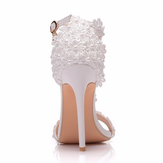 Crystal Queen Women Ankle Strap Sandals White Lace Flowers Pearl Tassel Super Heel Fine High Heels Slender Bridal Wedding Shoes|High Heels|