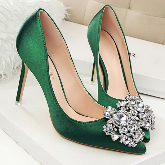 Woman 10cm High Heels Rhinestone Green Pink Silk Crystal Pumps Lady Satin Crystal Scarpin Wedding Bridal Elegant Plus Size Shoes|Women's Pumps|