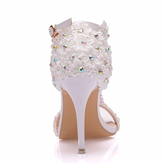Crystal Queen Women Sandals White Lace Flowers Pearl Tassel Bridal 9cm Heel Fine High Heels Slender Bridal Pumps Wedding Shoes|Women's Pumps|