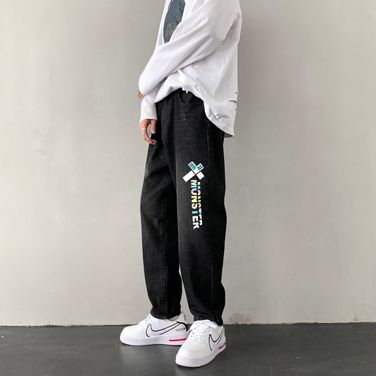 Fashion Print Black Jeans Pants Japanese Harajuku Streetwear for Mens Plus Size Denim Clothes Boyfriend Baggy Blue Jean Trousers|Jeans|