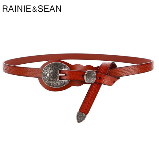 RAINIE SEAN Vintage Belts for Women Cowskin Waist Belt Real Leather Brown Rivet High Quality Brand Women Belt 105cm 110cm 115cm|Women's Belts|