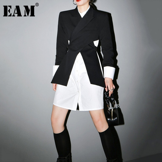 [EAM] Women Black Cross Split Joint Blazer New Lapel Long Sleeve Loose Fit Jacket Fashion Tide Spring Autumn 2021 1T447|Blazers|