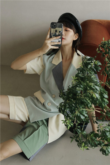 CHEERART Color Block Green Summer Blazer Women Short Sleeve Blazer Suit Jacket Double Breasted Coat Korean 2020 Fashion|Blazers|