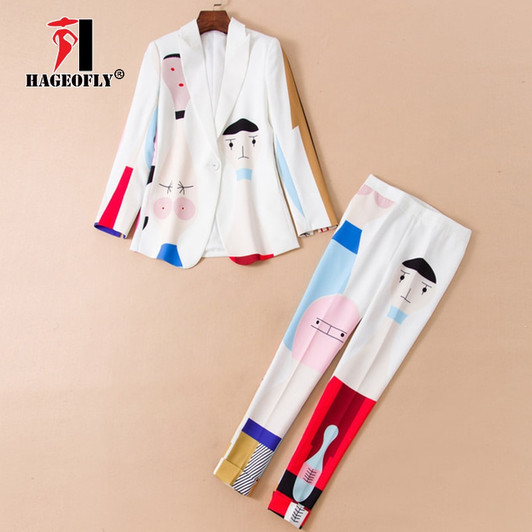 New Designer High Quality Runway White Two piece Suit One Button Jacket Blazers Feet Pants Abstract Art Dyeing Suit Women 2019|Pant Suits|
