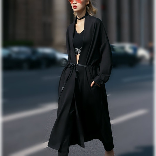 Long Black Coat Women Gothic Spring Coats Parka Plus Size Tunic Windbreaker Female Japan Harajuku Cardigan with Belt|Trench|