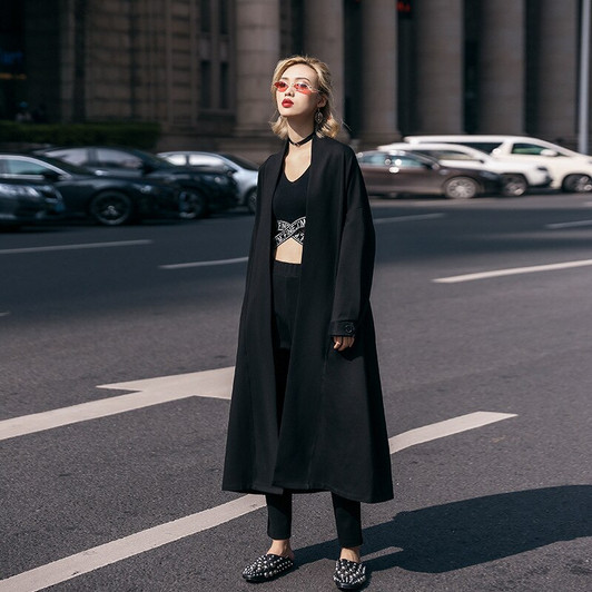 Long Black Coat Women Gothic Spring Coats Parka Plus Size Tunic Windbreaker Female Japan Harajuku Cardigan with Belt|Trench|
