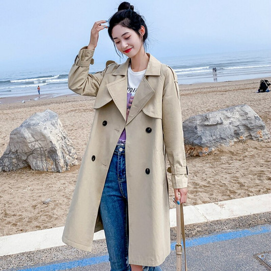 2020 Autumn Trench Coat Girls England Style with Belt Women Long Sleeve Jacket Slim Fit Khaki Double breasted Tunic Outwear|Trench|