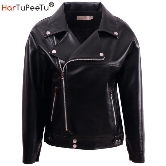 PU Leather Jacket Motorcycle Women Autumn Winter Fleece Coat 2020 Korean Style Oversize Fit 2XL Black Zipper Waterproof Outwear|Leather Jackets|