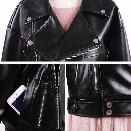 PU Leather Jacket Motorcycle Women Autumn Winter Fleece Coat 2020 Korean Style Oversize Fit 2XL Black Zipper Waterproof Outwear|Leather Jackets|