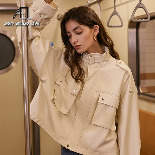 AEL New Loose PU Cream Faux Leather Jacket Women Fashion Moto Biker Short Jackets Lady Basic Coat Streetwear|Leather Jackets|