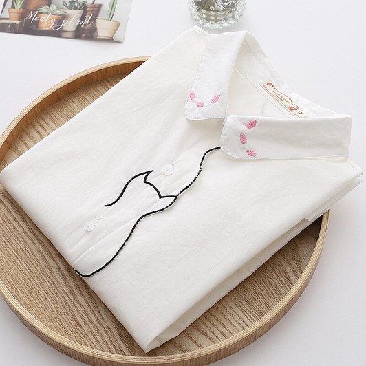 Cat Embroidery White Shirts Womens Blouses And Tops Long Sleeve Cotton Autumn Loose Female Cute Clothes|Blouses & Shirts|