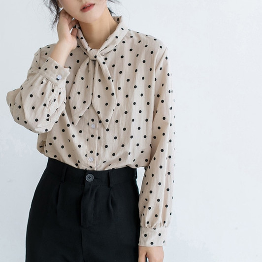 Bowtie Polka Dot Blouse Women Loose Casual Tops Female Plus Size Shirts Blouse Lantern Sleeve Office Work Wear Shirts White Tops|Blouses & Shirts|
