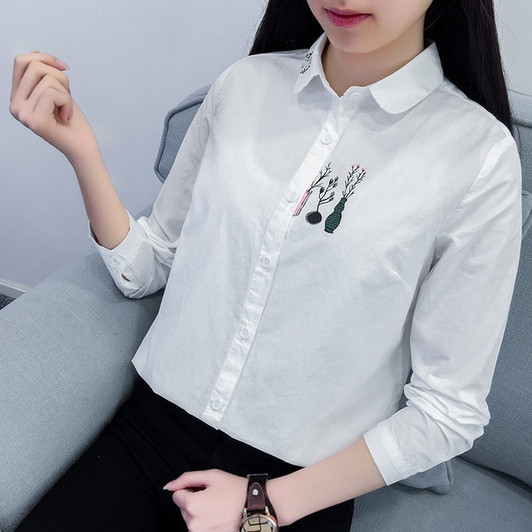 White Women Blouse Long Sleeve Shirts 100% Cotton Floral Print Tops Autumn Girl Blusas Tops|Blouses & Shirts|