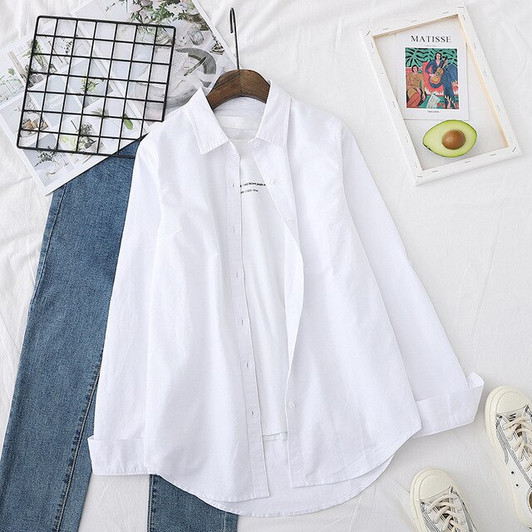 100% Cotton Blouses Womens Shirts Blue White Long Sleeve Autumn Lady Tops Female Outwear Clothes Solid Color Good Quality|Blouses & Shirts|