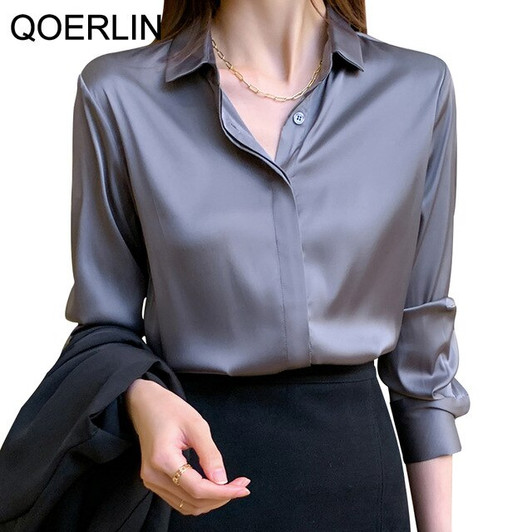QoerliN Elegant Satin Blouse Autumn Spring Turn Down Collar Single Breasted Long Sleeve Female Chiffon Shirt Ladies Blouse Plus|Blouses & Shirts|