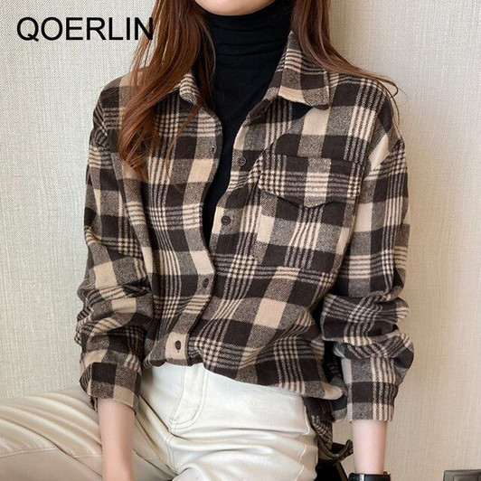 QoerliN 2020 Autumn Winter New Korean Style Retro Casual Lapel Long Sleeve Single Breasted Shirt Women Plaid Plus Size Blouse|Blouses & Shirts|