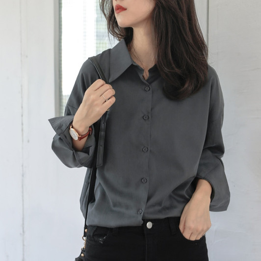 Retro Gray 2020 Spring Summer New Long Sleeve Notch Collar All match Blouse Coat Women Loose Casual Fashion Solid Shirts Ladies|Blouses & Shirts|
