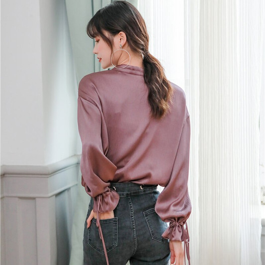 Design Plus Size Blouse Women Crumpled Smoked Purple Satin Matte Pocket Lace up Long Sleeve Shirt Chic Elegant OL Work Blusa,S M|Blouses & Shirts|