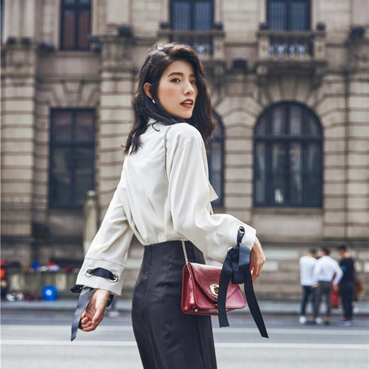 Original Retro Elegant Strap Contrast Color Suit Collar Long Sleeve Loose Pocket Shirt Texture Blouse Work Office Ladies Blouse|Blouses & Shirts|