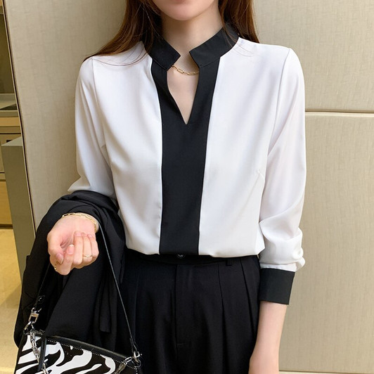 QoerliN Chiffon Shirt Women 2020 new V neck Contrast Color Design OL Commuter Shirt Plus Size Long Sleeve White Blouse Plus Size|Blouses & Shirts|