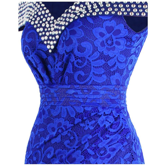 Women's Beading Boat Neck Lace Pleated Party Gown Slit Long Formal