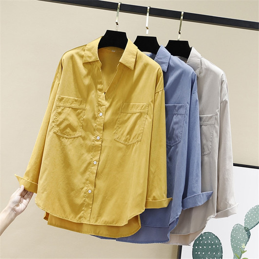 Women Blouses Shirts Tunic Womens Tops And Blouses 2020 Womenswear Long Sleeve Clothing Button Up Down V Neck Double Pockets New|Blouses & Shirts|