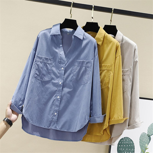 Women Blouses Shirts Tunic Womens Tops And Blouses 2020 Womenswear Long Sleeve Clothing Button Up Down V Neck Double Pockets New|Blouses & Shirts|