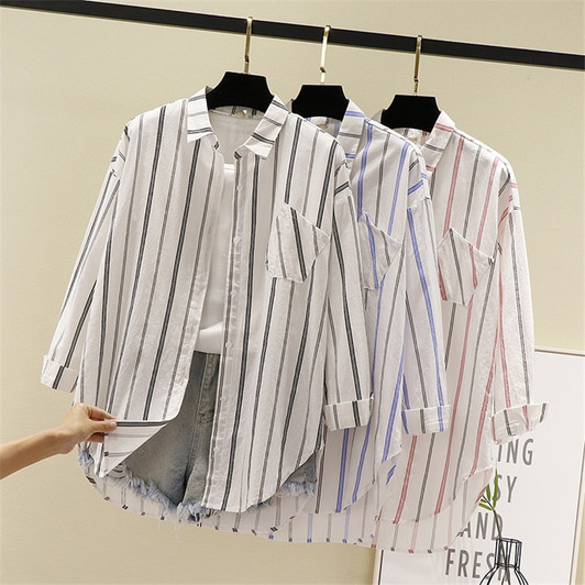 Women Blouses Shirts Tunic Womens Tops And Blouses 2020 Womenswear Long Sleeve Clothing Button Up Down White Striped Casual New|Blouses & Shirts|