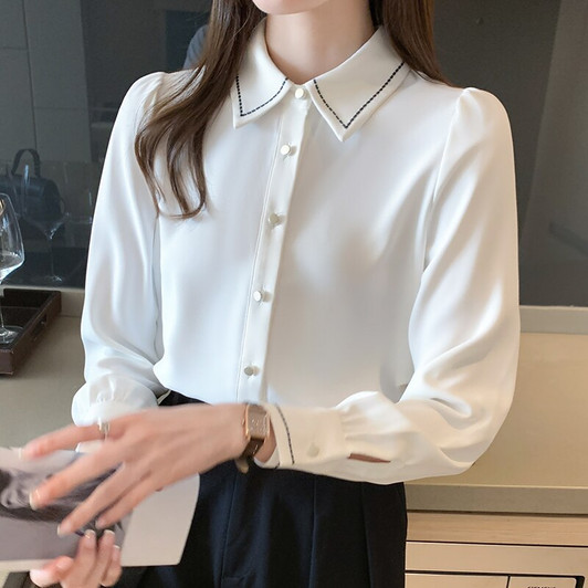 White Button Up Chiffon Blouse Women Spring 2021 New Long Sleeve Top Female Hit Color Business Office Lady Formal Shirts Blouses|Blouses & Shirts|