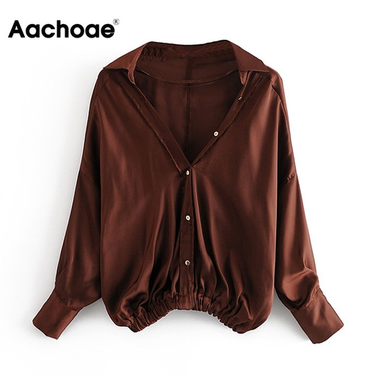 Aachoae Women Vintage Loose Blouse Shirt 2020 Fashion Elastic Waist Hem Casual Blouses Solid Long Sleeve Pleated Chic Tops|Blouses & Shirts|