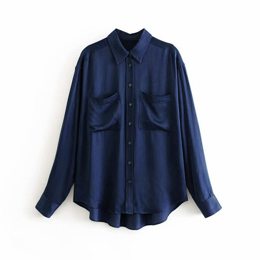Aachoae Women Vintage Satin Blouse Casual Solid Shirt 2020 Turn Down Collar Office Shirt Long Sleeve Pockets Blouse Top Blusas|Blouses & Shirts|