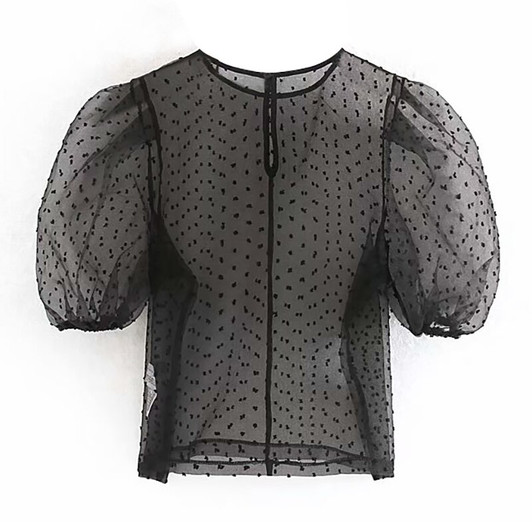 Aachoae Women Dot Print Sexy Organza Blouses O Neck See Through Blouse Shirts 2020 Short Sleeve Transparent Party Blouses Tops|Blouses & Shirts|