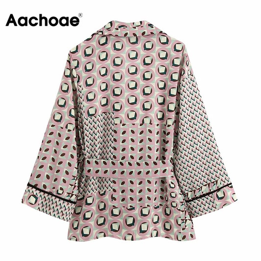 Aachoae Women Geometric Print Blouse With Belt Notched Collar Stylish Shirt Female Batwing Long Sleeve Loose Ladies Tops Tunic|Blouses & Shirts|