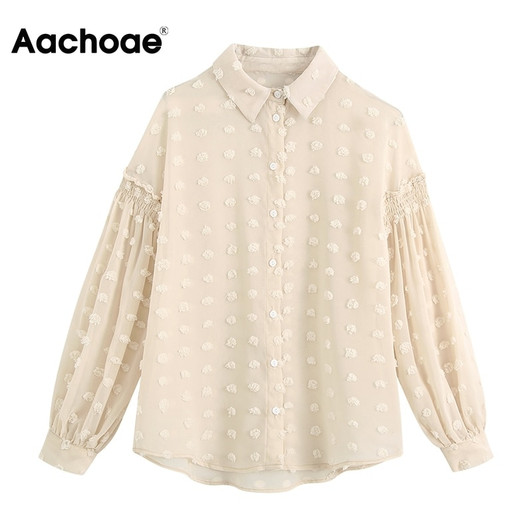 Aachoae Chic Lace Mesh Embroidery Polka Dot Blouse Women See Through Turn Down Collar Shirt Female Long Sleeve Elegant Top Blusa|Blouses & Shirts|