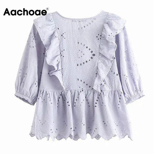 Aachoae Solid Ruffles Embroidery Blouse Women V Neck Pleated Elegant Shirt Lady Hollow Out Chic Stylish Blouse Tops Blusas Mujer|Blouses & Shirts|