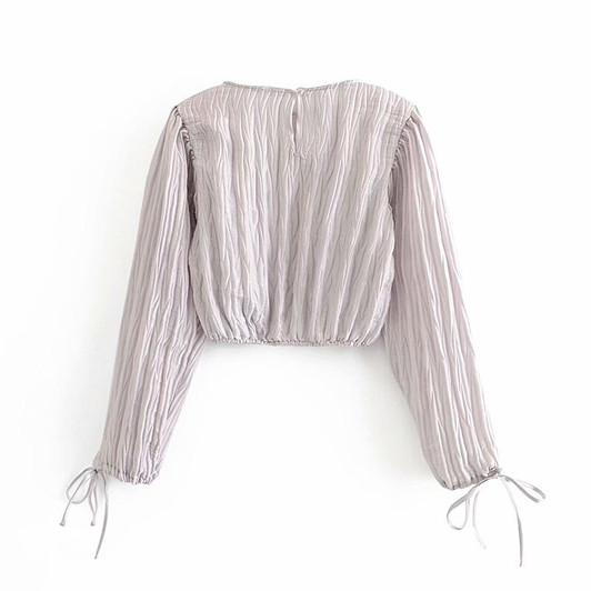 Aachoae Women Chic Solid Pleated Blouse Shirt Fashion Puff Long Sleeve Satin Crop Top Casual O Neck Drawstring Short Blouse Tops|Blouses & Shirts|
