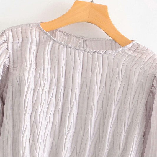 Aachoae Women Chic Solid Pleated Blouse Shirt Fashion Puff Long Sleeve Satin Crop Top Casual O Neck Drawstring Short Blouse Tops|Blouses & Shirts|