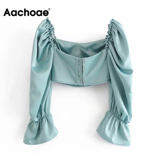 Aachoae Women Stylish Cropped Blouses 2020 Flare Long Sleeve Solid Blouse Ladies Square Collar Sexy Slim Shirt Tops Blusas|Blouses & Shirts|