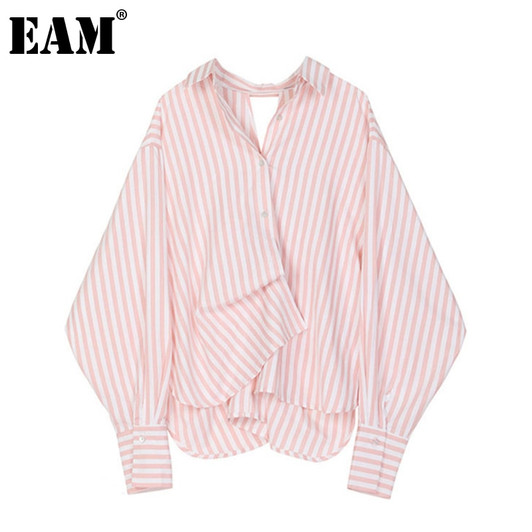 [EAM] Women Striped Backless Big Size Blouse New Lapel Long Sleeve Loose Fit Shirt Fashion Tide Spring Autumn 2021 1Z259|Blouses & Shirts|