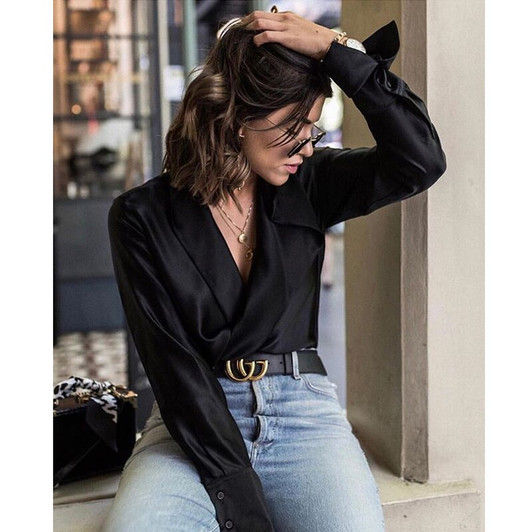 AEL ladies V neck women blouse satin shirt Summer spring long sleeve blouses loose casual streetwear female top|Blouse|