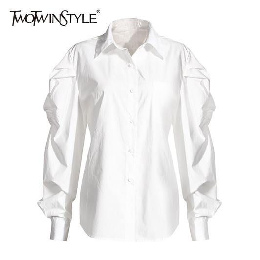 TWOTWINSTYLE Casual Shirt For Women Lapel Puff Sleeve Minimalist Large Size Loose Blouse Female 2020 Autumn Fashion New Style|Blouses & Shirts|