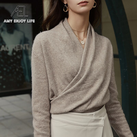 AEL knitted Pullover Jumper Women Soft Winter Warm 100% Wool V Neck Femme Cashmere Sweater|Pullovers|