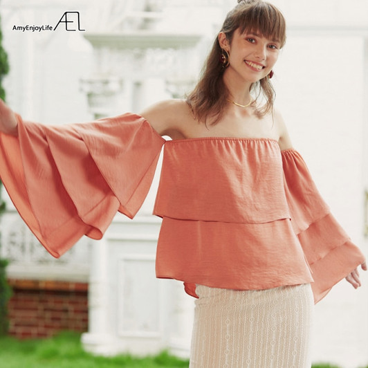 AEL Fashion Women Off Shoulder Top Cake Sleeve Flounce Pullover Casual Blouse satin Blouse with lining|Blouses & Shirts|