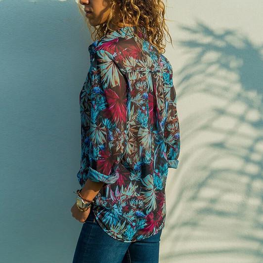 Women's Chiffon Shirt Summer Floral Long Sleeve Turn Down Collar Woman Top Button Ladies Elegant Loose Tunic Female Blouse|Blouses & Shirts|
