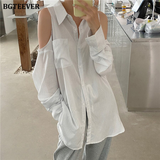BGTEEVER Chic Cold shoulder Women Striped Blouses Single breasted Loose Female Shirts Tops 2020 Summer Autumn Blusas femme|Blouses & Shirts|
