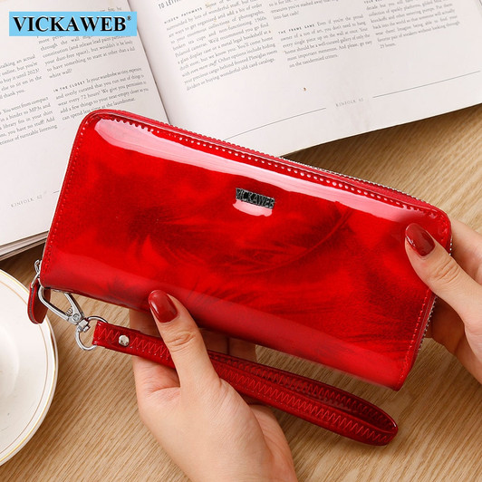 VICKAWEB Shiny Genuine Leather Women Wallets Zipper Card Holder Solid Purses Female Long Wristlet Wallet Ladies Coin Purse AL38|Wallets|