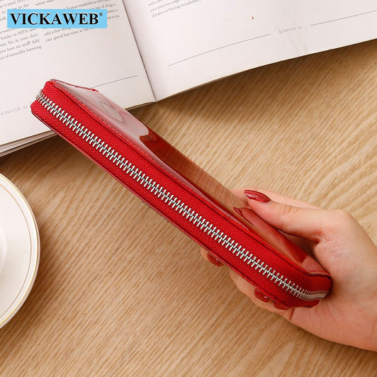 VICKAWEB Shiny Genuine Leather Women Wallets Zipper Card Holder Solid Purses Female Long Wristlet Wallet Ladies Coin Purse AL38|Wallets|