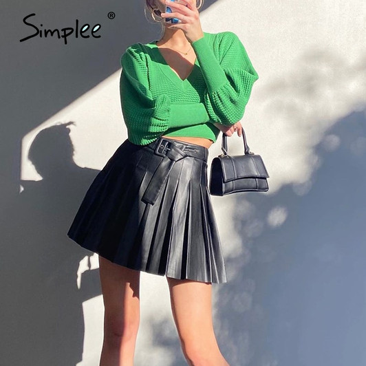 Simplee High Waist PU Mini Sexy Skirt New Fashion Women's Wear Leather Autumn Winter Skirt A line Pleated Black Sashes Skirts|Skirts|