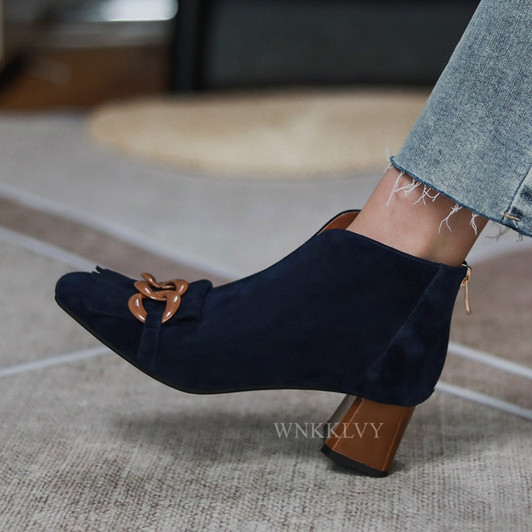 Runway High top Fringe Boots for women suede chunky high heel shoes chain decor ankle botas Elegant spring autumn short boots|Ankle Boots|