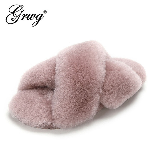 GRWG 100% Natural Sheepskin Fur Slippers Fashion Female Winter Slippers Women Warm Indoor Slippers Soft Wool Lady Home Shoes|Slippers|